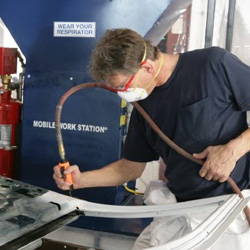 Mobile prep station in auto body shop.